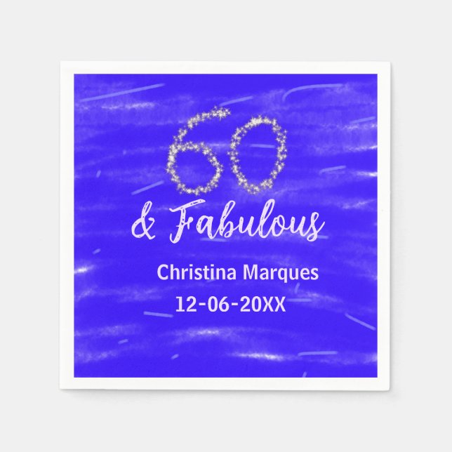 60 & fabulous birthday blue silver add name date napkins (Front)
