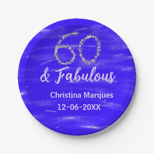 60 & fabulous birthday blue silver add name date paper plates