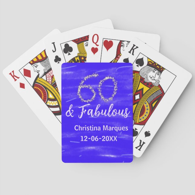60 & fabulous birthday blue silver add name date poker cards (Back)