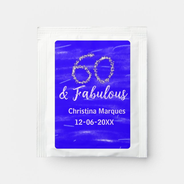 60 & fabulous birthday blue silver add name date tea bag drink mix (Front)