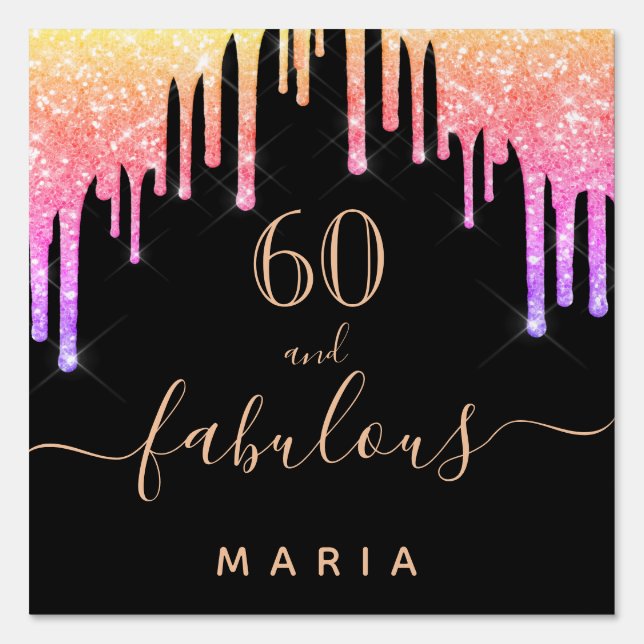 60 fabulous birthday glitter black rainbow sparkle sign (Front)