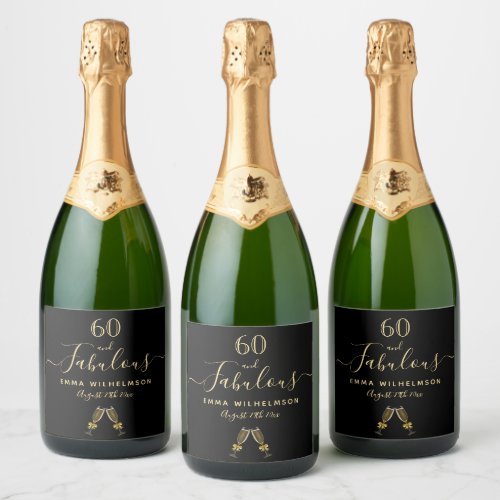 60 fabulous birthday party black gold glam sparkling wine label