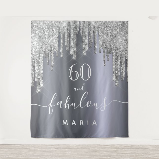 60 fabulous birthday party glitter silver sparkle tapestry (Front)