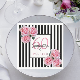 60 fabulous birthday pink black white stripes napkins