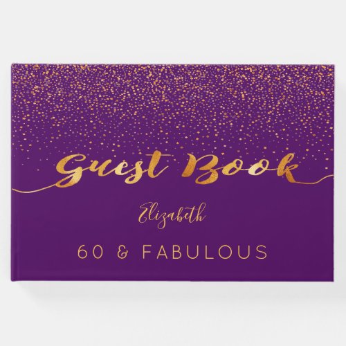 60 Fabulous birthday purple gold confetti Guest Book