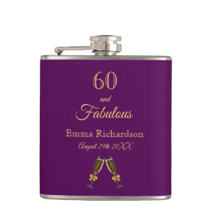60 fabulous birthday purple gold monogram script flask
