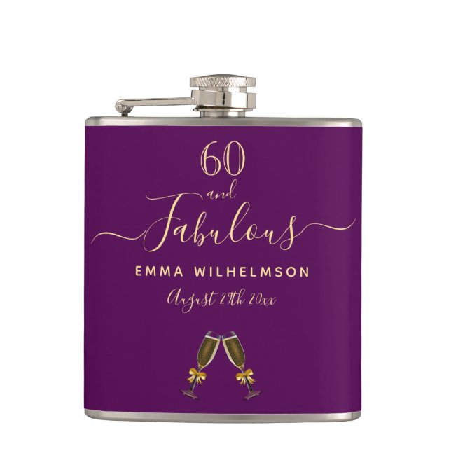 60 fabulous birthday purple gold script friends flask (Front)