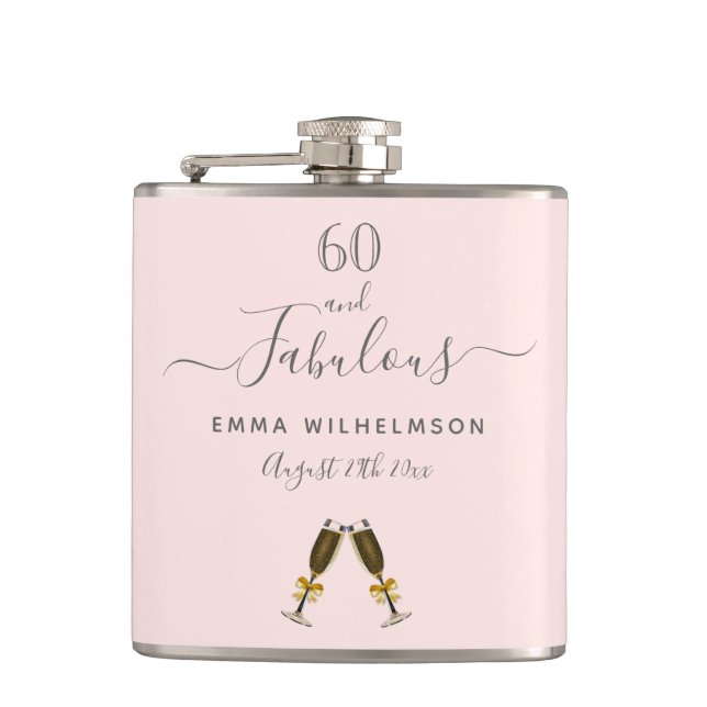 60 fabulous birthday rose gold blush photo flask (Front)