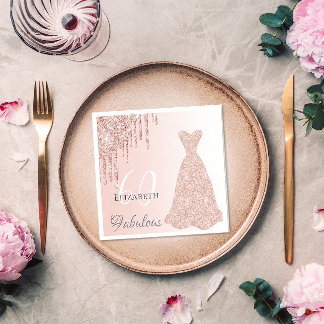 60 fabulous birthday rose gold dress glitter drip napkins (Creator Uploaded)