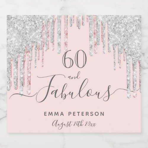 60 fabulous birthday rose gold glitter pink silver sparkling wine label