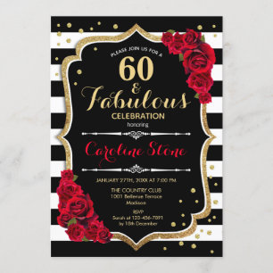 60 Fabulous Birthday -  Roses Black White Stripes Invitation