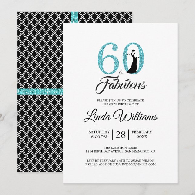 60 Fabulous Blue Glitter 60th Birthday Party Invitation (Front/Back)