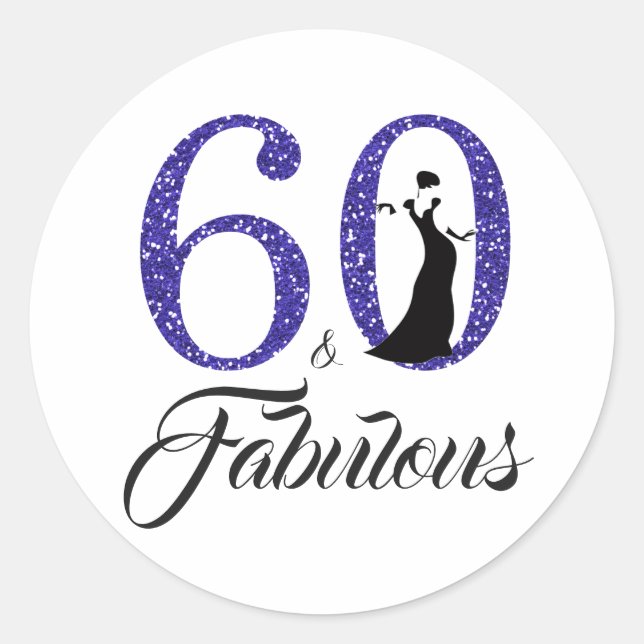 60 Fabulous Blue Glitter Typography 60th Birthday Classic Round Sticker (Front)