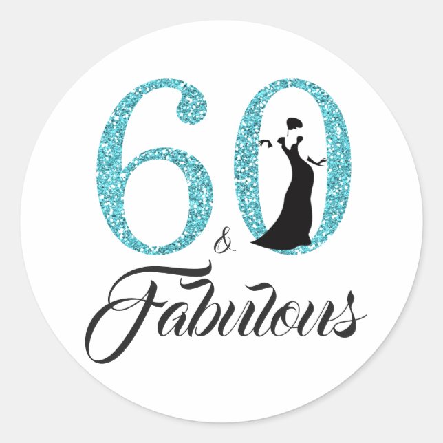 60 Fabulous Blue Glitter Typography 60th Birthday Classic Round Sticker (Front)