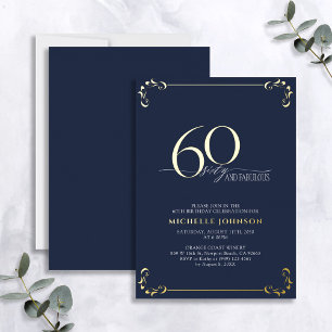 60 & Fabulous Blue & Gold Calligraphy Birthday Foil Invitation