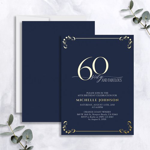 60  Fabulous Blue  Gold Calligraphy Birthday Foil Invitation
