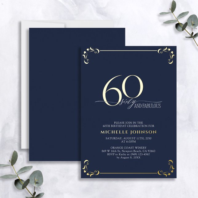 60 & Fabulous Blue & Gold Calligraphy Birthday Foil Invitation (Creator Uploaded)