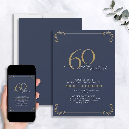 60  Fabulous Blue  Gold Calligraphy Birthday Invitation
