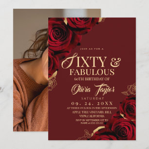 60 & Fabulous Burgundy Floral Elegant Birthday Invitation