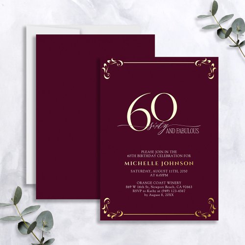 60  Fabulous Burgundy  Gold Calligraphy Birthday Foil Invitation