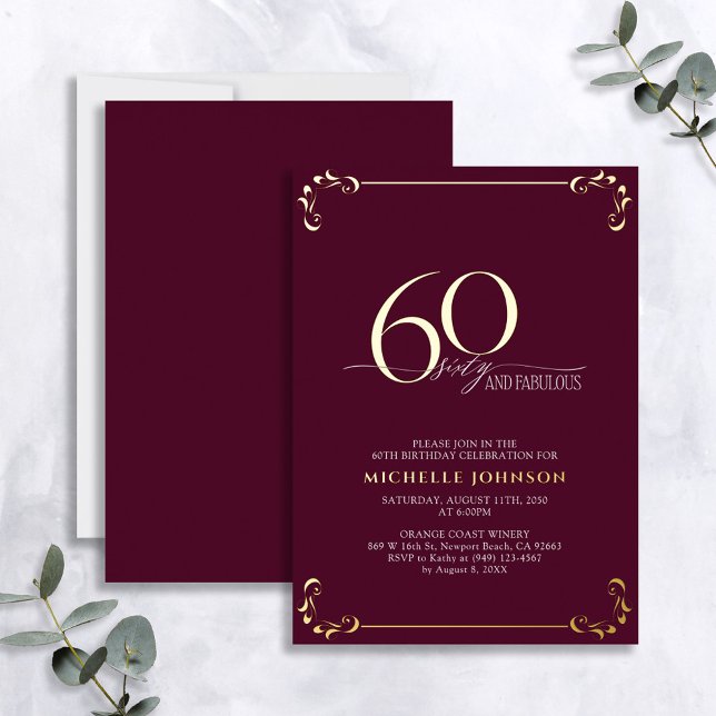 60 & Fabulous Burgundy & Gold Calligraphy Birthday Foil Invitation (Creator Uploaded)
