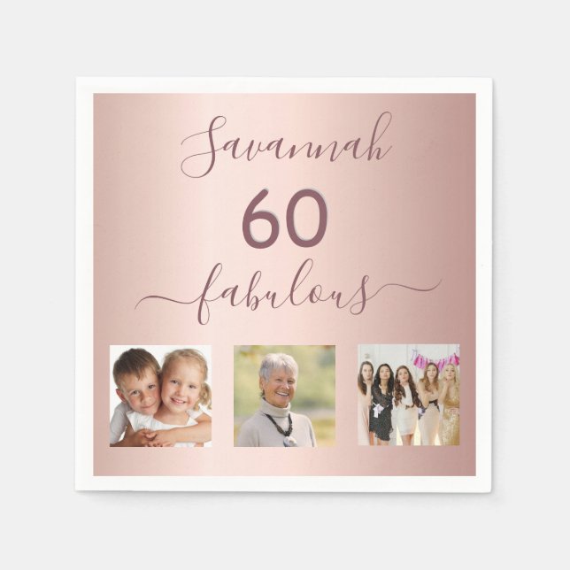 60 fabulous custom photo rose gold birthday party napkins (Front)