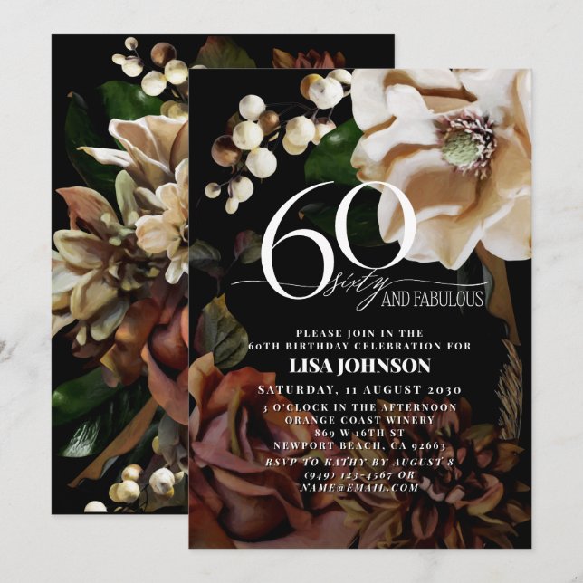 60 & Fabulous Dark Moody Neutral Magnolia Floral Invitation (Front/Back)