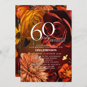60 & Fabulous Dark Moody Sunset Colors Floral Invitation
