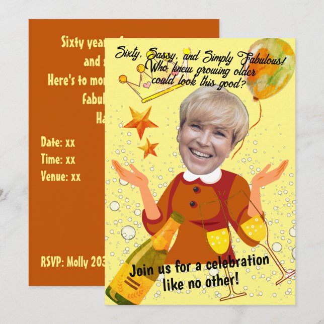 60 & Fabulous Funny Fun & Whimsical Photo Birthday Invitation (Front/Back)