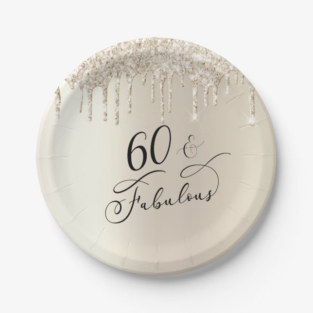 60 Fabulous Glitter Gold Birthday Party Paper Plates (Front)