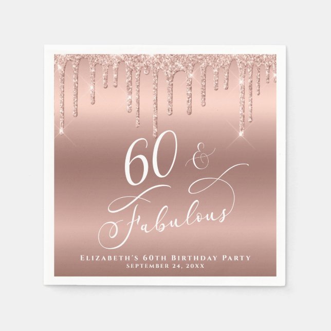 60 Fabulous Glitter Rose Gold Birthday Party Napkins (Front)