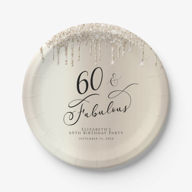 60 Fabulous Gold Glitter Custom Birthday Party Paper Plates (Front)