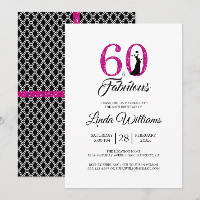 60 Fabulous Hot Pink Glitter 60th Birthday Party Invitation (Front/Back)