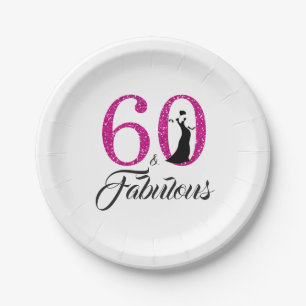 60 Fabulous Hot Pink Glitter 60th Birthday Party Paper Plates
