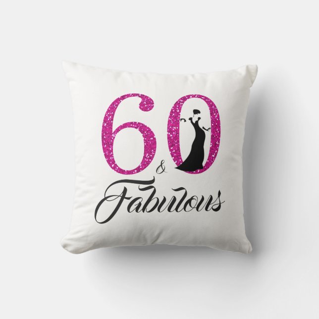 60 Fabulous Hot Pink Glitter 60th Birthday Party Throw Pillow (Front)