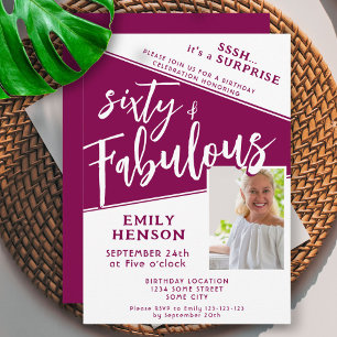 60 & Fabulous Magenta Photo 60th Birthday Surprise Invitation