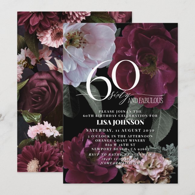 60 & Fabulous Modern Dark Moody Burgundy Pink Invitation (Front/Back)
