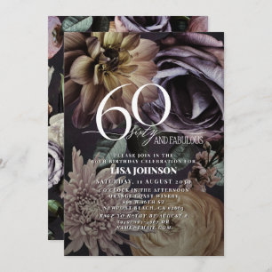 60 & Fabulous Modern Dark Moody Purple Floral  Invitation