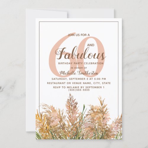 60 Fabulous Pampas Grass on White Birthday Invitation