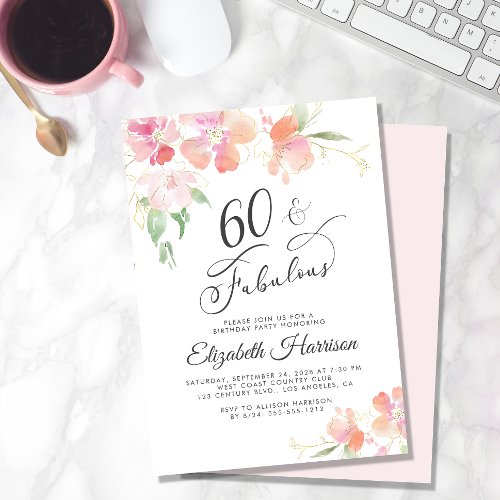 60 Fabulous Pink Floral Watercolor Birthday Party  Invitation