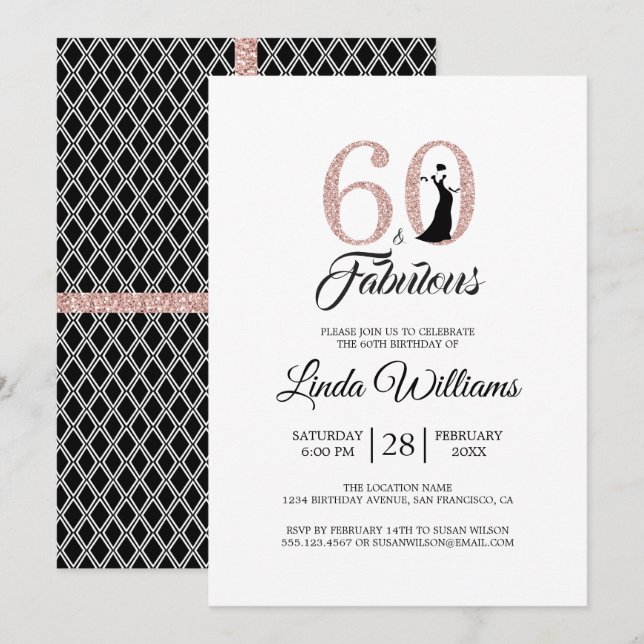 60 Fabulous Pink Glitter 60th Birthday Party Invitation (Front/Back)