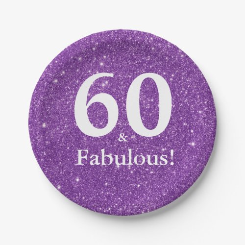 60  Fabulous Purple Glitter Sixtieth Birthday Paper Plates