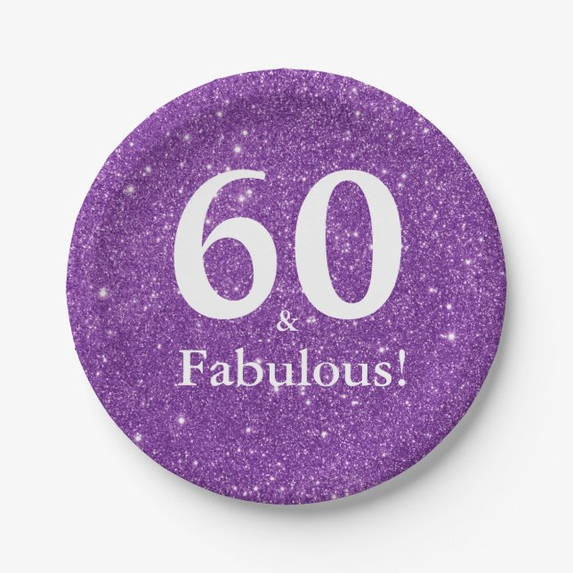 60 & Fabulous! Purple Glitter Sixtieth Birthday Paper Plates (Front)