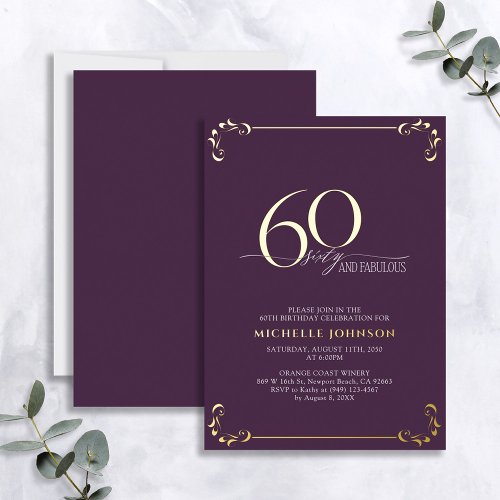 60  Fabulous Purple  Gold Calligraphy Birthday F Foil Invitation