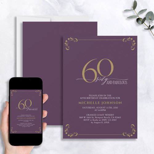 60  Fabulous Purple  Gold Calligraphy Birthday Invitation