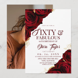 60 & Fabulous Red Gold Floral Elegant Birthday Invitation