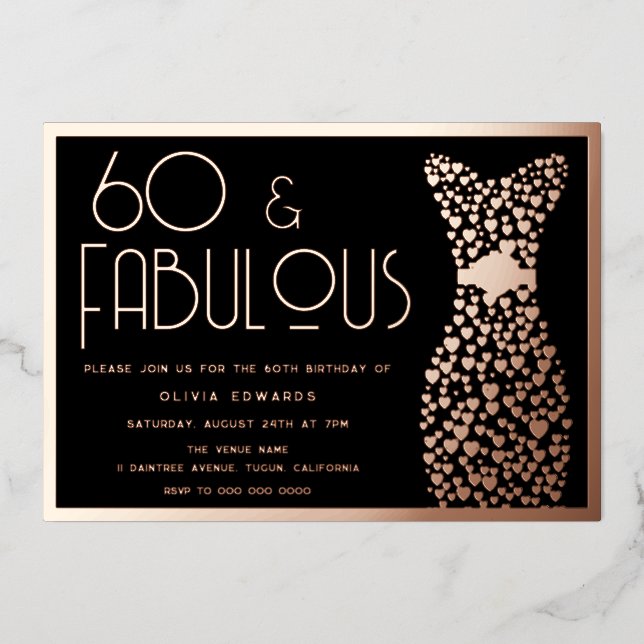 60 & Fabulous! Rose Gold & Black 60th Birthday  Foil Invitation (Front)