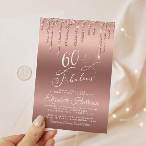 60 Fabulous Rose Gold Glitter Birthday Party Invitation