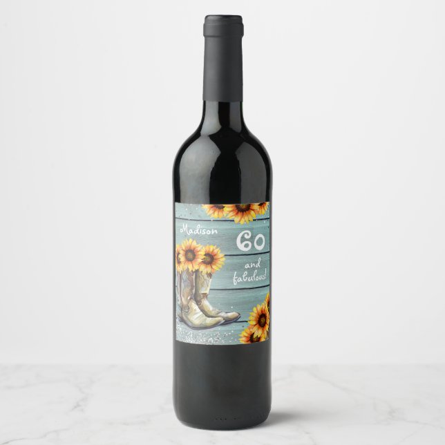 60 Fabulous Rustic Country Western Sunflower Boots Wine Label (Front)