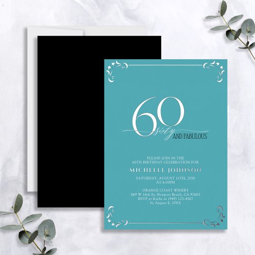 60  Fabulous Turquoise  Silver Birthday Foil Invitation